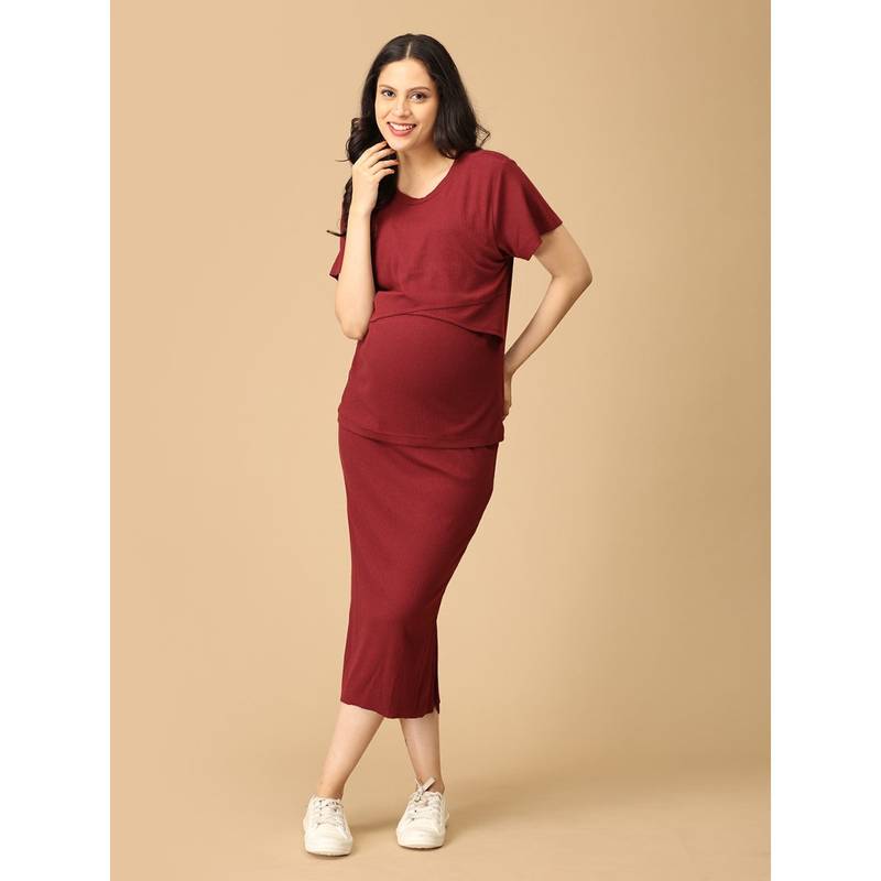 The Mom Store Wine And Unwind Ribbed Maternity And Nursing Co-Ord (Set of 2) (S)