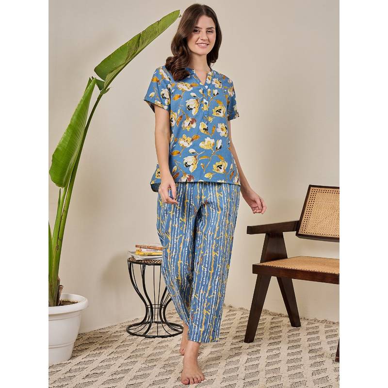 July Nightwear Cotton Blue Short Kurti & Pyjama-Wpc806 (Set of 2) (XL)