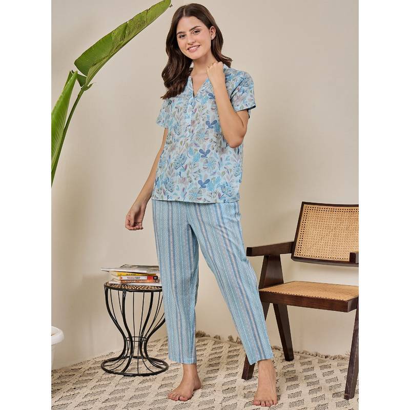 July Nightwear Cotton Blue Short Kurti & Pyjama-Wpc808 (Set of 2) (M)