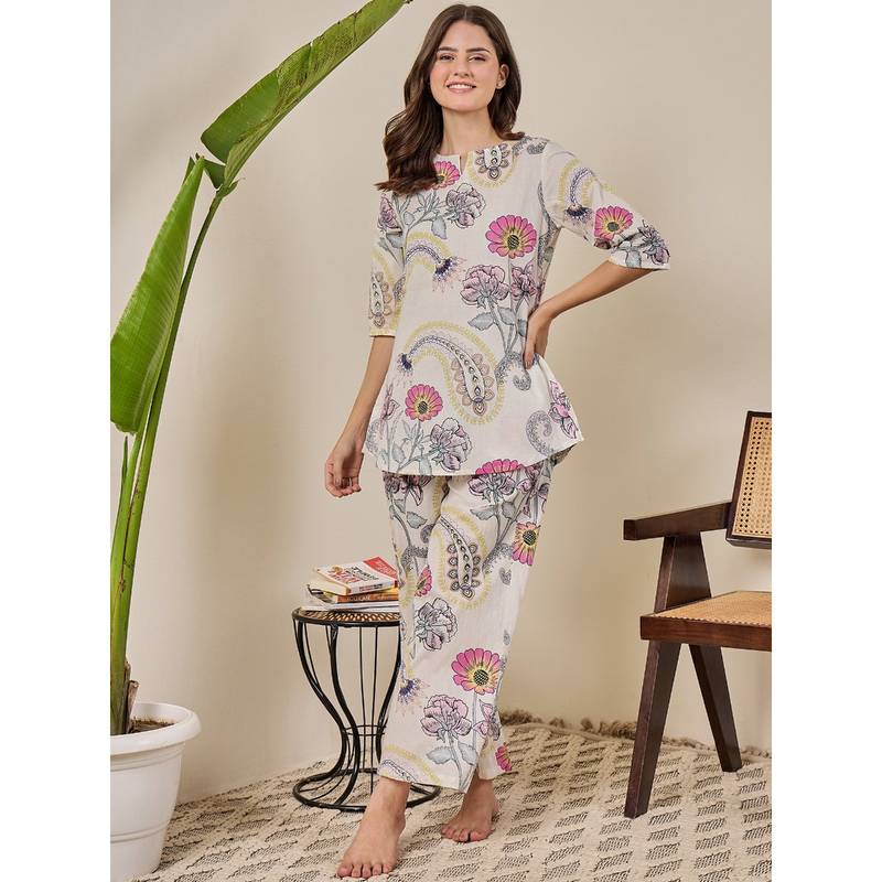 July Nightwear Cotton White Long Kurti & Pyjama-Wpc811 (Set of 2) (XL)