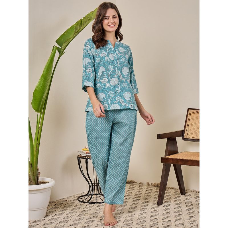 July Nightwear Cotton Blue Short Kurti & Pyjama-Wpc827 (Set of 2) (S)