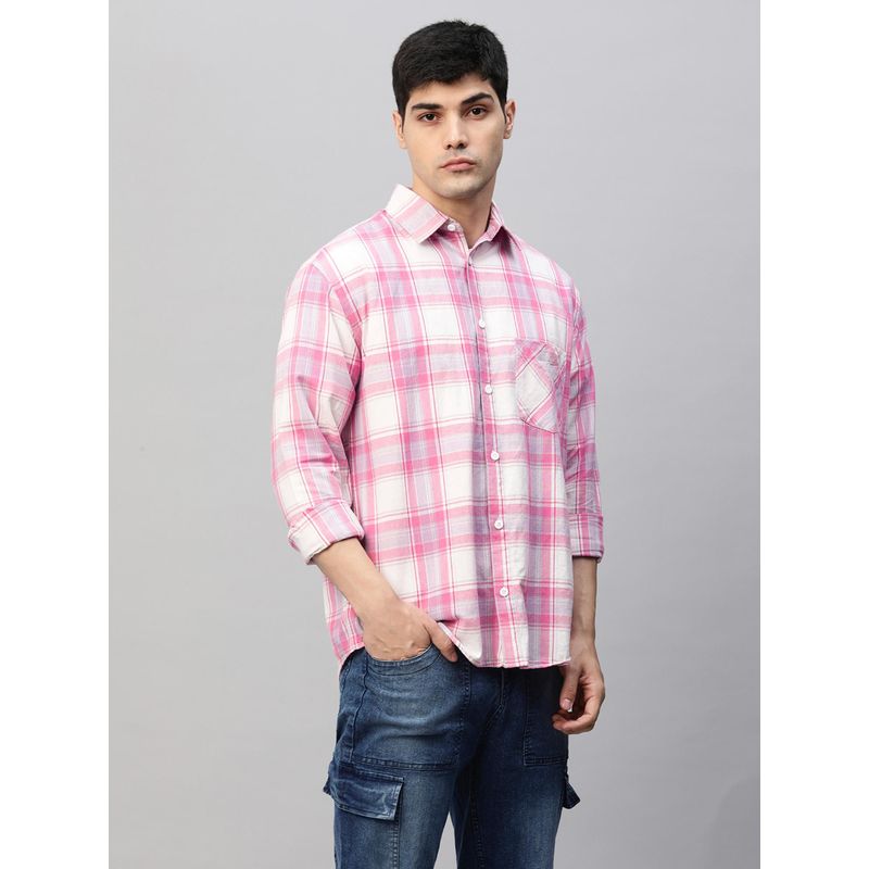 PRONK Mens Pink and White Check Relaxed Fit Shirt (L)
