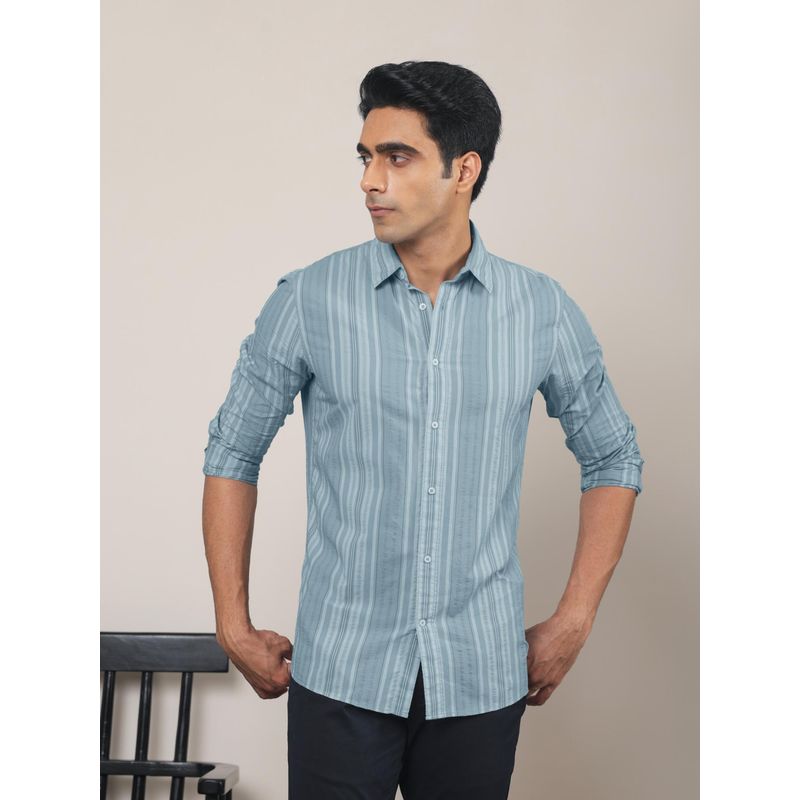 Subtract Men Ash Blue Striped Comfort Fit Spread Collar Casual Shirt (44)