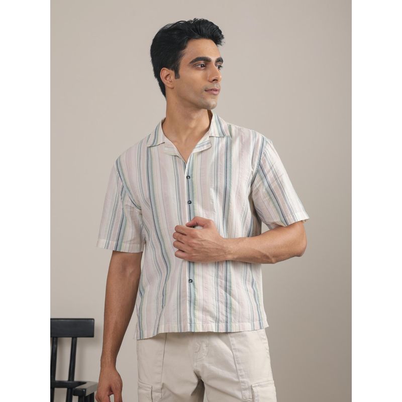 Subtract Men Beige Green Striped Boxy Fit Cuban Collar Casual Shirt (38)