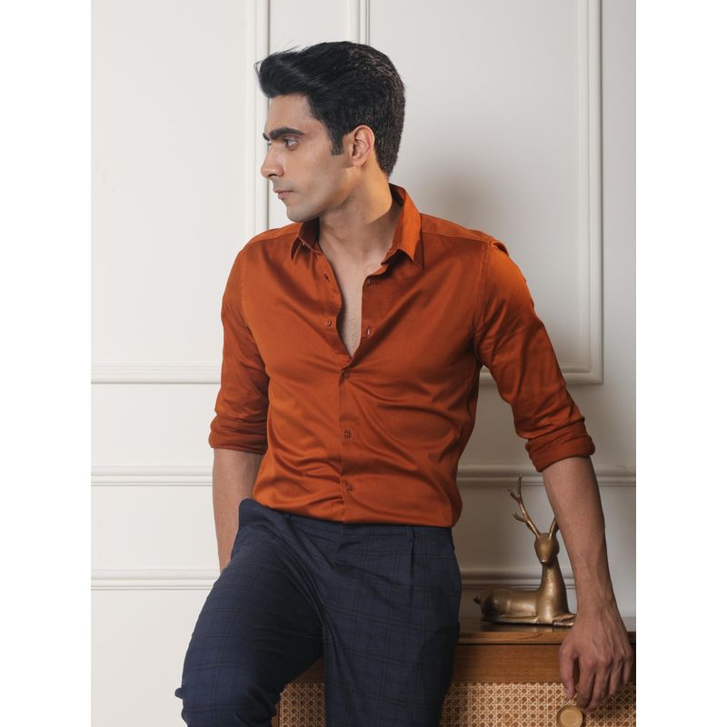 Subtract Men Copper Slim Fit Solid Spread Collar Cotton Satin Evening Shirt (40)