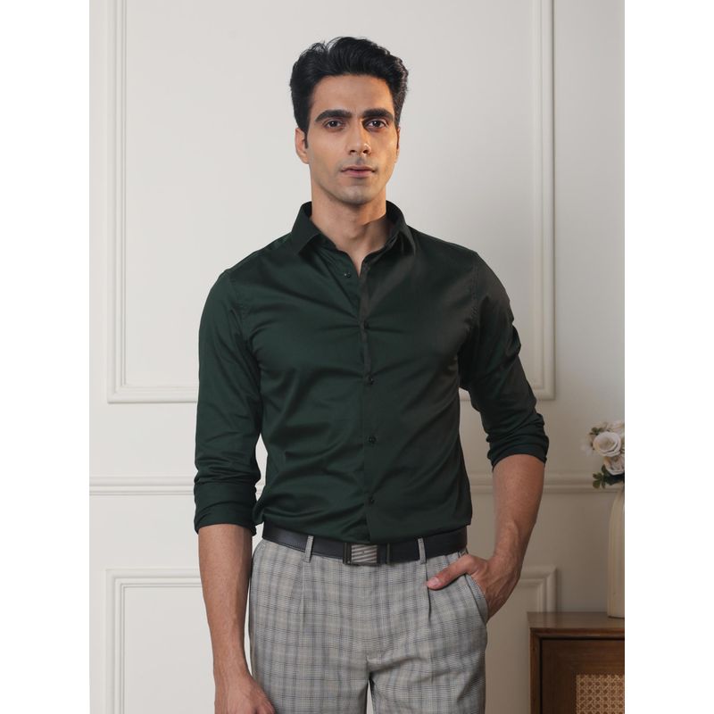 Subtract Men Bottle Green Slim Fit Solid Spread Collar Cotton Satin Evening Shirt (40)