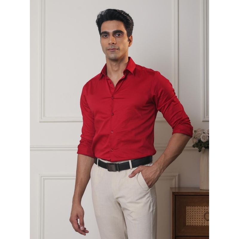 Subtract Men Crimson Slim Fit Solid Spread Collar Cotton Satin Evening Shirt (40)