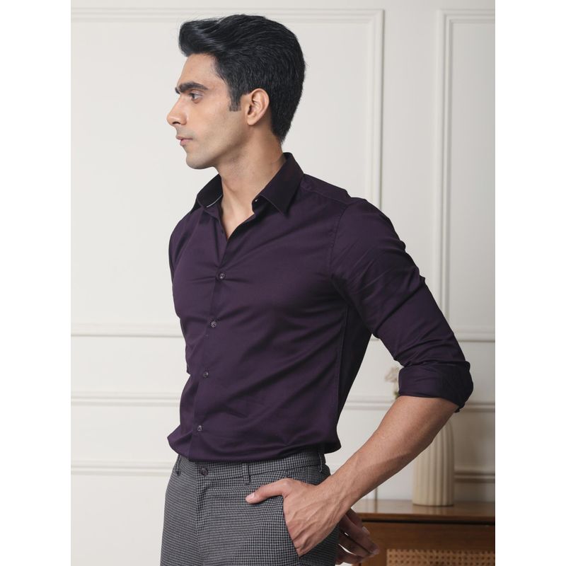 Subtract Men Wine Slim Fit Solid Spread Collar Cotton Satin Evening Shirt (44)