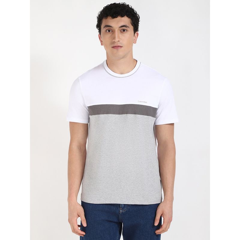Calvin Klein Grey Ss Cb Mixed Media Jersey Crew Neck T-Shirt (2XL)