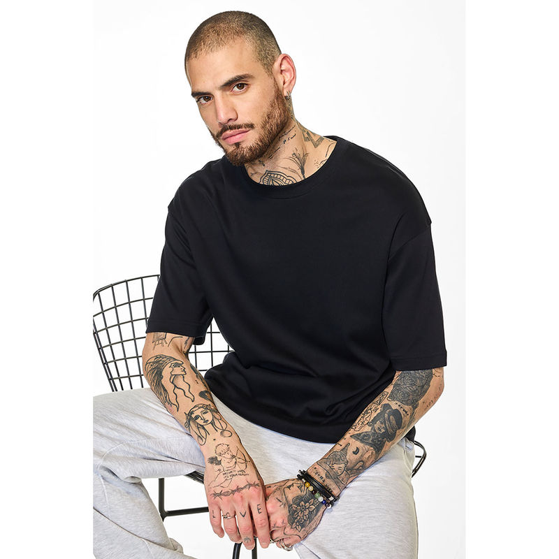 Snitch Core Lab Black Solid Oversized Fit T-Shirt (M)