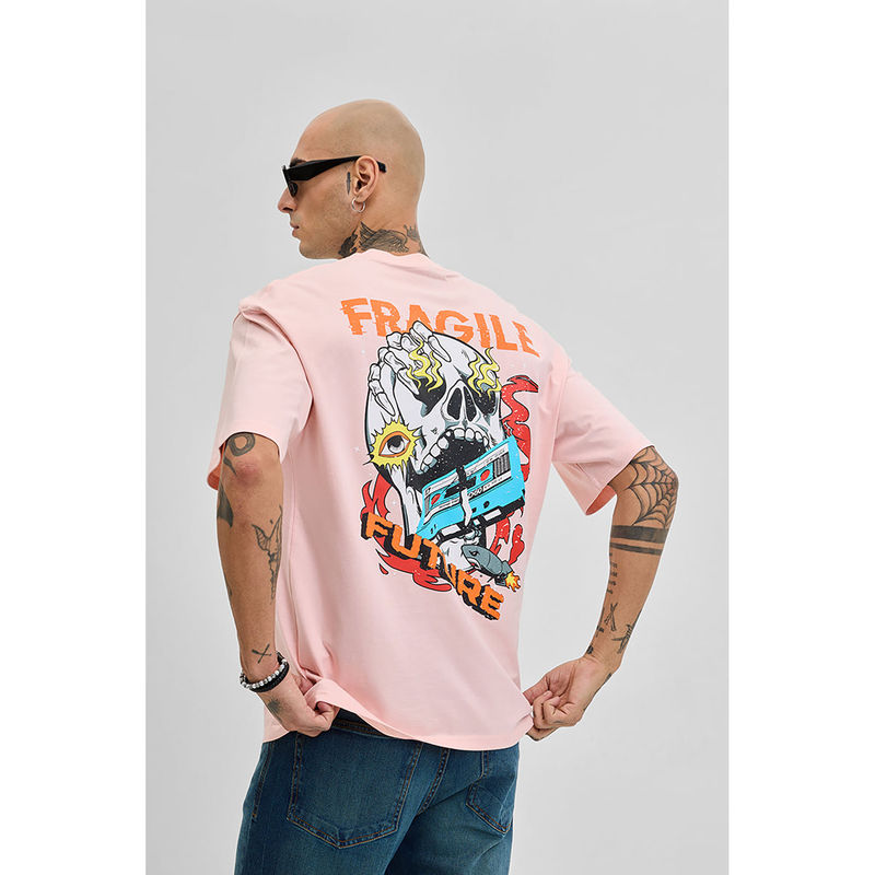 Snitch Fragile Light Pink Printed Oversized Fit T-Shirt (M)