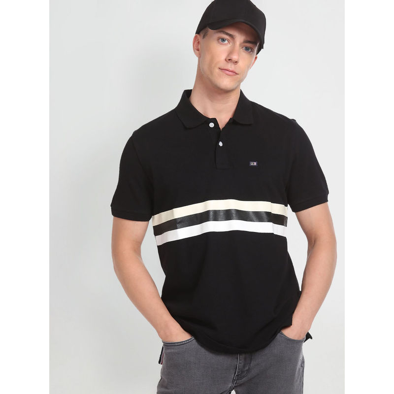 Arrow Sports Black Horizontal Stripe Cotton Polo T-Shirt (M)