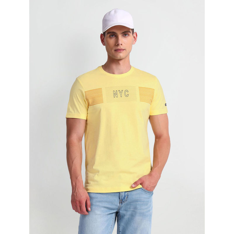 Arrow Sports Yellow Printed Cotton Fit T-Shirt (S)