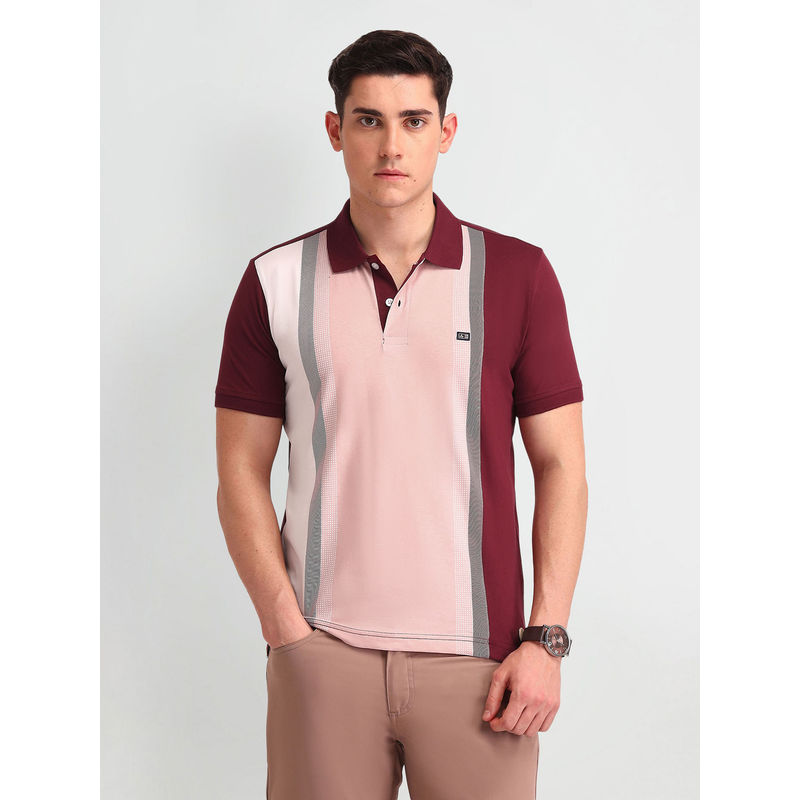 Arrow Sports Maroon Regular Fit Striped Polo T-Shirt (S)