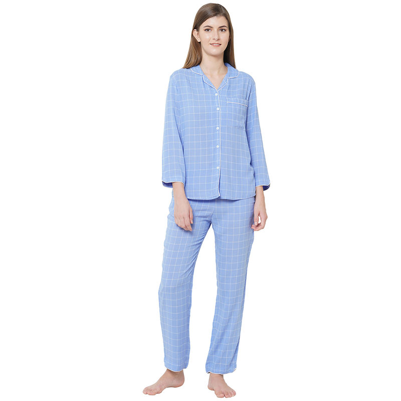 Mystere Paris Shirt Style Checked Pyjama Set - Blue (L)