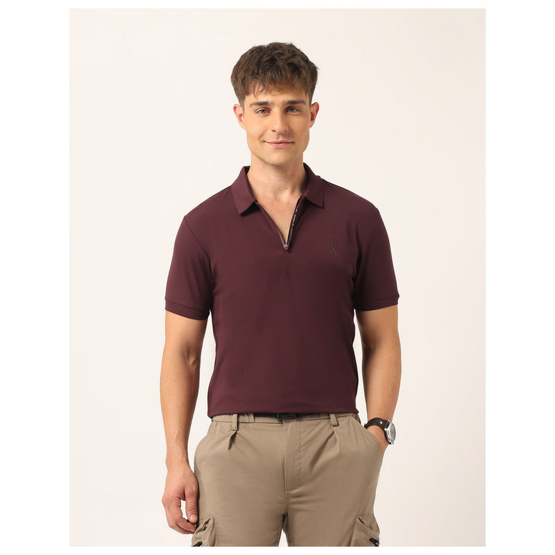 U.S. Polo Assn. Denim Co. Men Solid Muscle Fit Polo T-Shirt Wine (L)