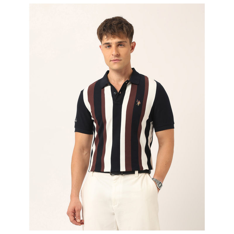 U.S. Polo Assn. Denim Co. Men Vertical Stripes Muscle Fit Polo T-Shirt Navy Blue (L)