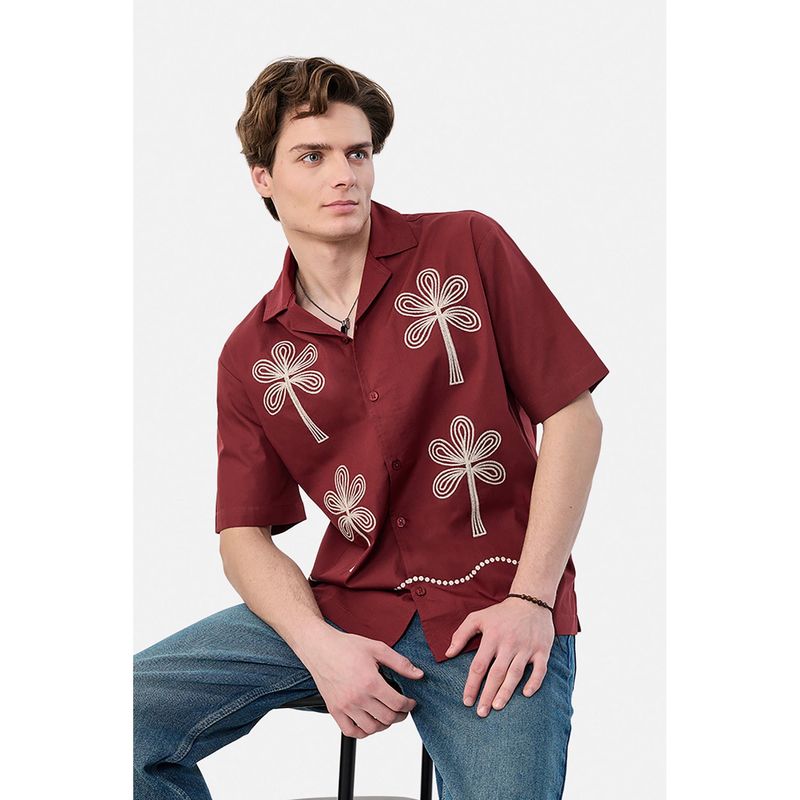 Snitch Burgundy Embroidered Boxy Fit Shirt (XL)