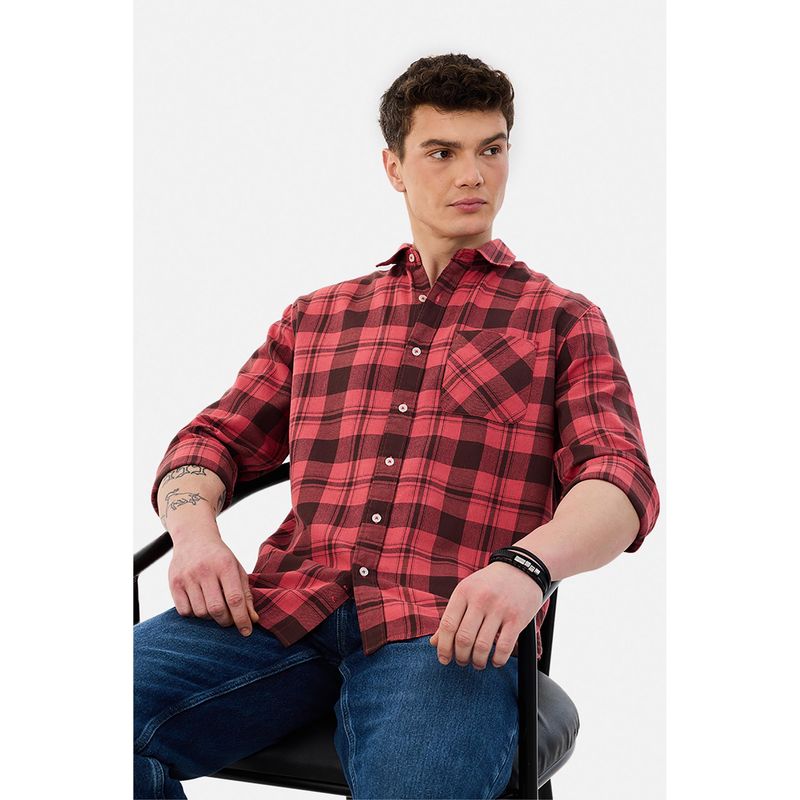 Snitch Red Checks Regular Fit Shirt (M)