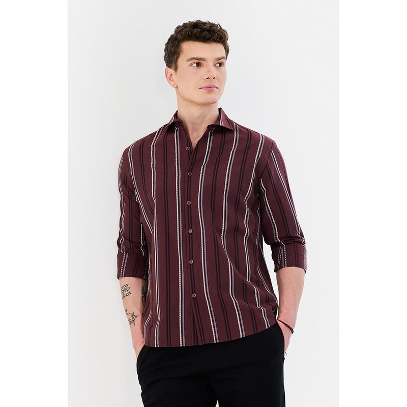 Snitch Burgundy Stripes Slim Fit Shirt (2XL)