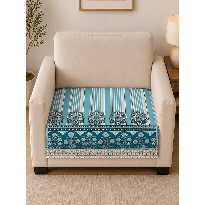 The Home Story Suede Velvet Sofa Mat - Heritage Stripe - Ocean Blue (1 Seater)
