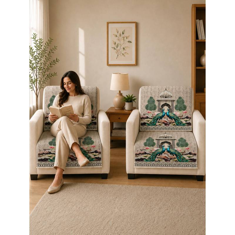 The Home Story Suede Velvet Sofa Mat Back & Seat - Royal Peacock - Ivory Beige (1 Seater)