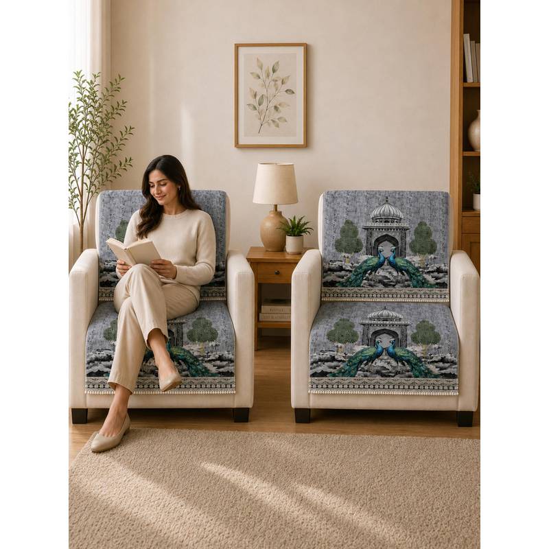 The Home Story Suede Velvet Sofa Mat Back & Seat - Royal Peacock - Silver Pearl (1 Seater)