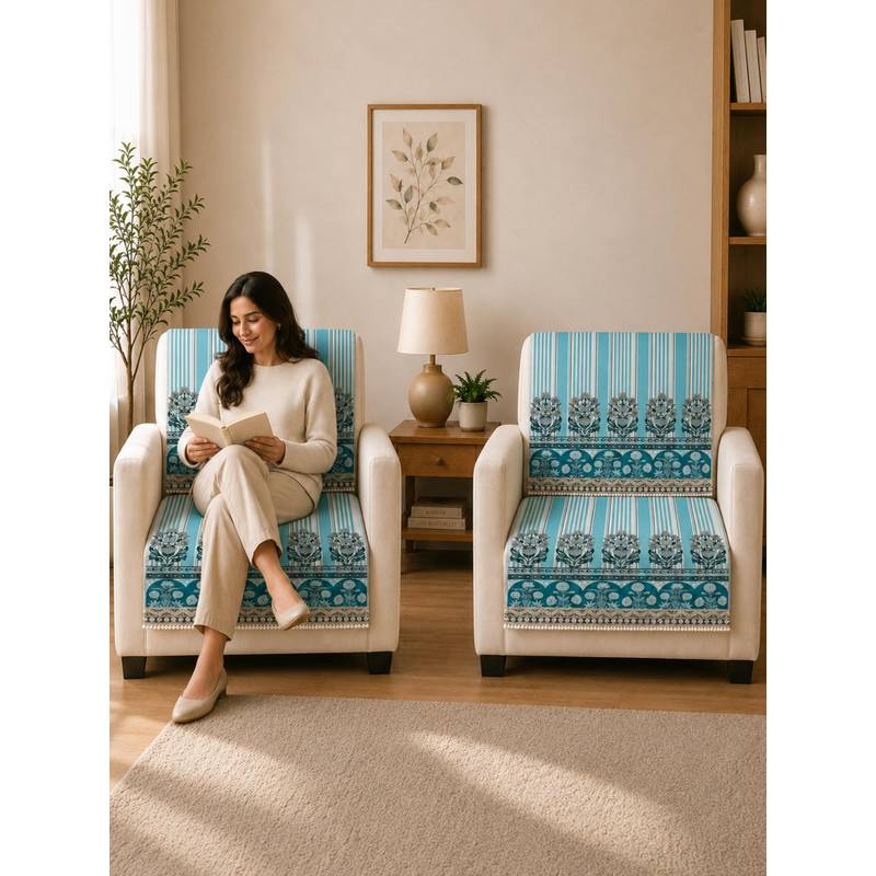 The Home Story Suede Velvet Sofa Mat Back & Seat - Heritage Stripe - Ocean Blue (1 Seater)