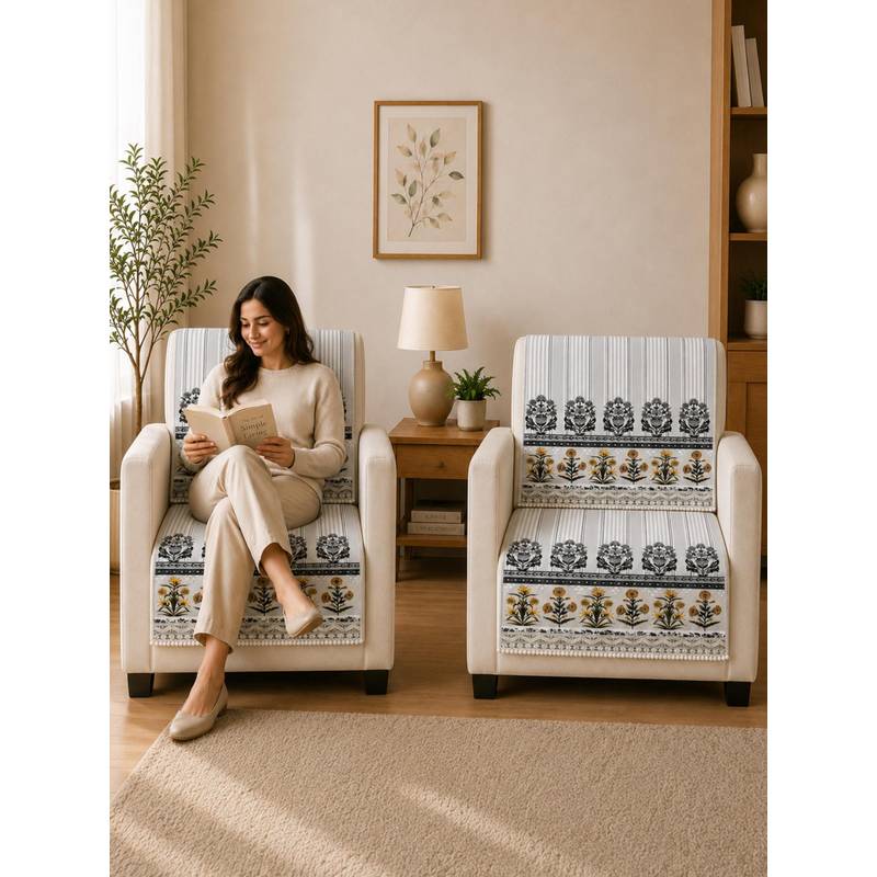 The Home Story Suede Velvet Sofa Mat Back & Seat - Heritage Stripe - Pearl Grey (1 Seater)