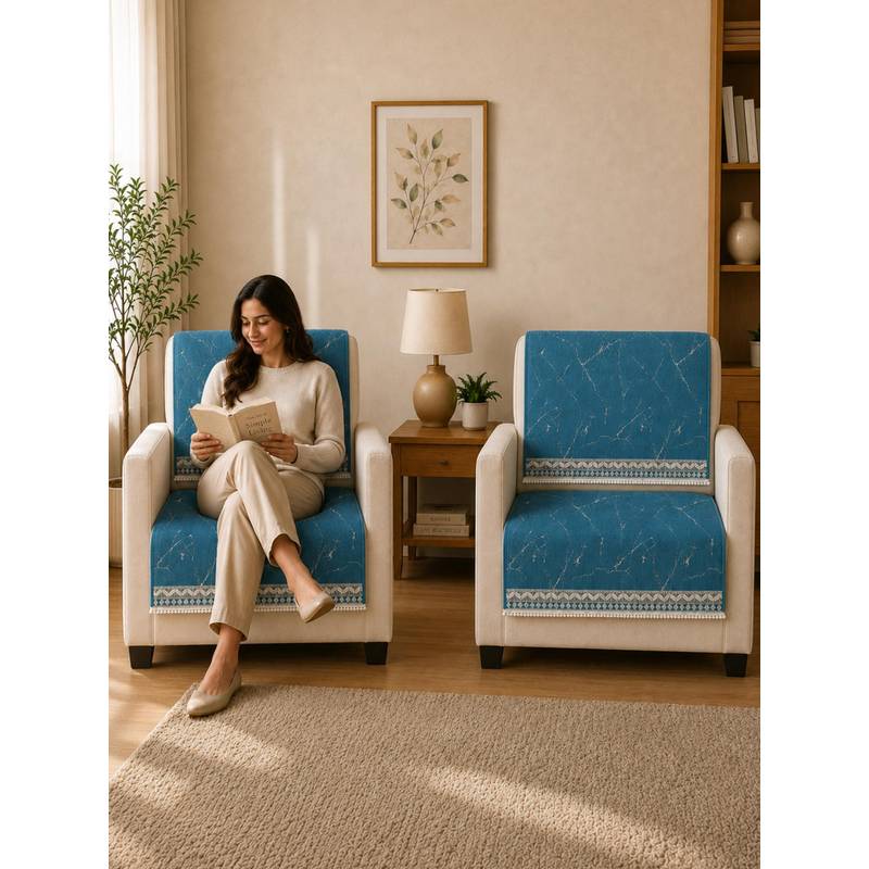 The Home Story Suede Velvet Sofa Mat Back & Seat - Marble Luxe - Aqua Blue (1 Seater)