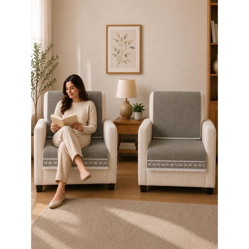 The Home Story Suede Velvet Sofa Mat Back & Seat - Regal Edge - Warm Grey (1 Seater)