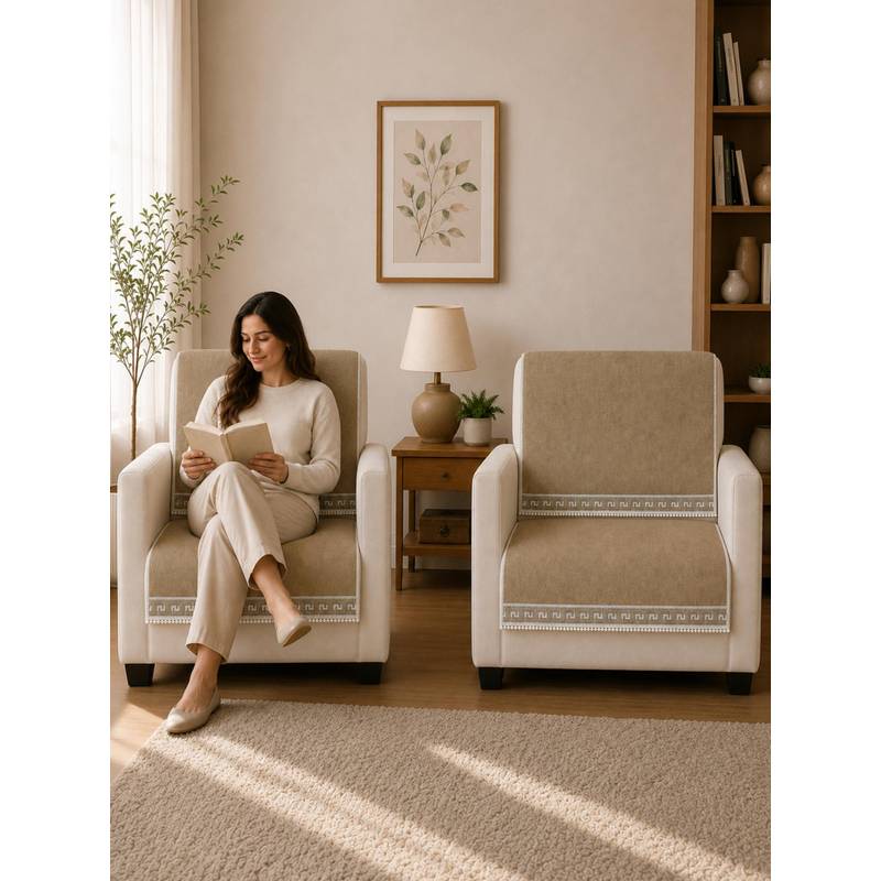 The Home Story Suede Velvet Sofa Mat Back & Seat - Regal Edge - Desert Beige (1 Seater)