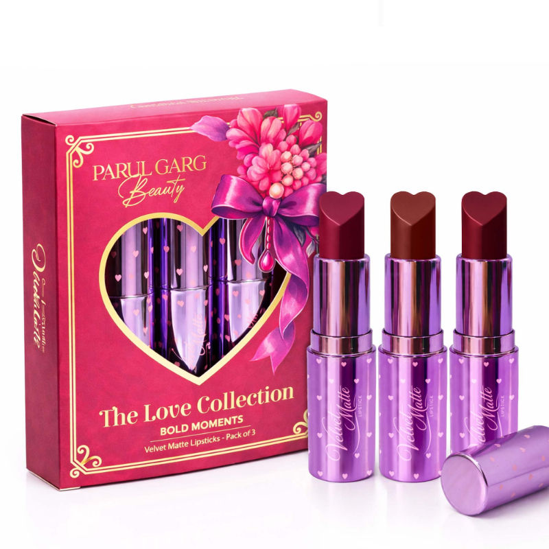 Parul Garg Beauty Velvet Matte Lipsticks Gift Set, Combo of 3 - Reds & Browns Heart Shaped