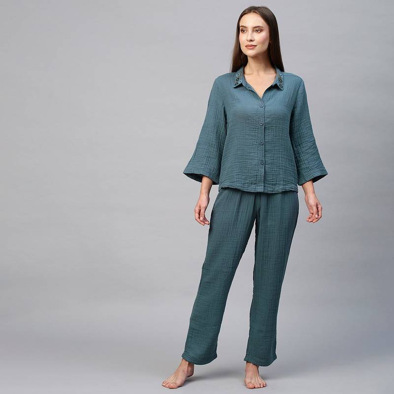 Chemistry Crinkle Double Crepe Cotton Lounge W Embroidered Collar-Blue (Set of 2) (3Xl)