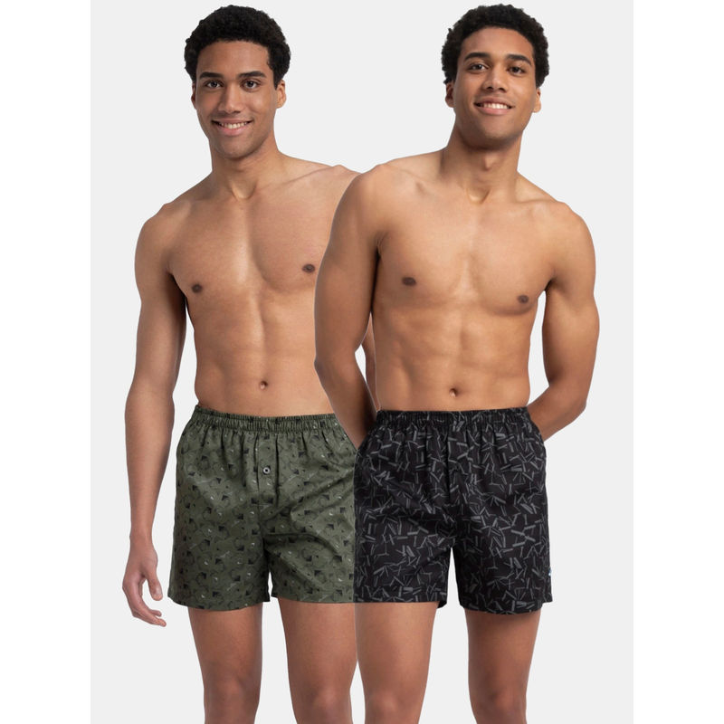 Jockey 8222 Men Cotton Woven Printed Inner Boxers - Black and Thyme (Pack of 2) (S)