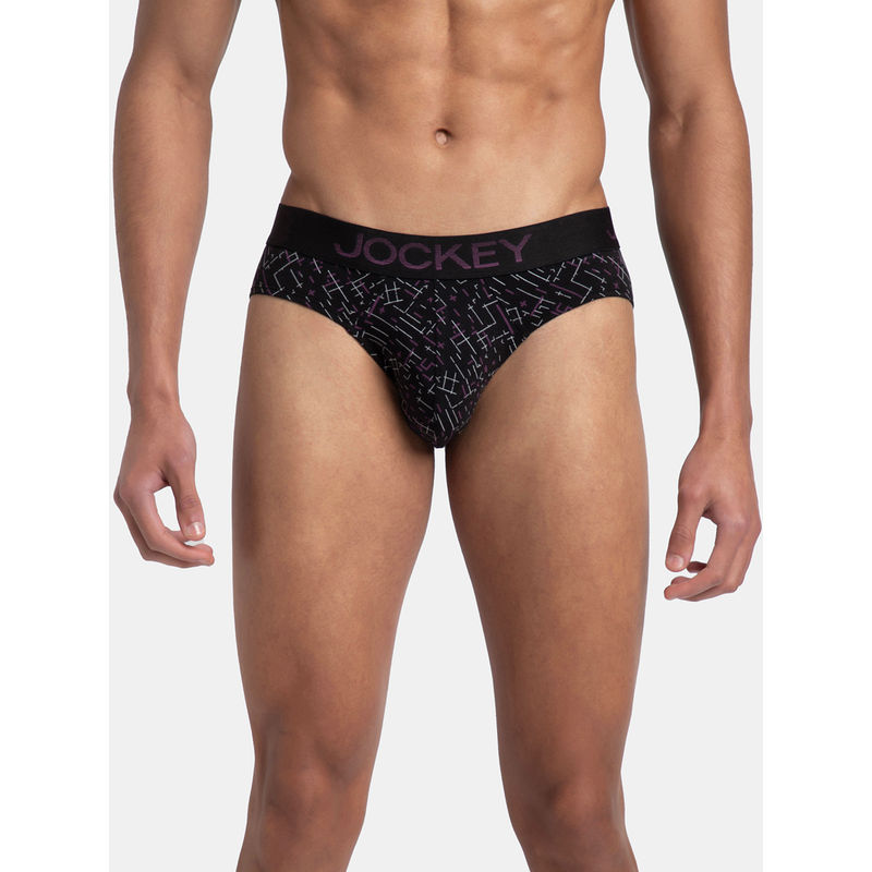 Jockey FP22 Men Super Combed Cotton Elastane Printed Brief - Black and Abstract Plum (S)