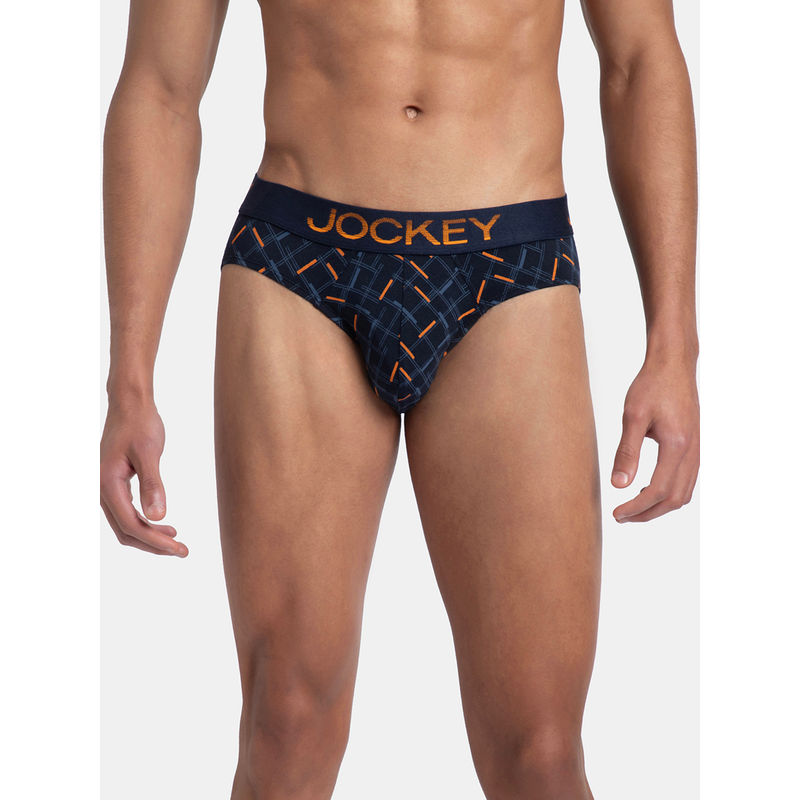 Jockey FP22 Men Super Combed Cotton Elastane Printed Brief - Navy and Orange (L)