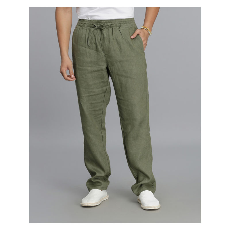 ROOKIES Men Relaxed Fit Pure Linen Olive Trouser (30)