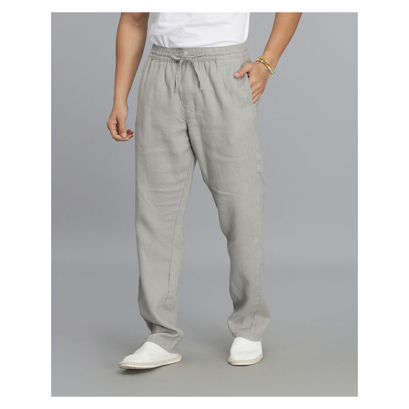 ROOKIES Men Relaxed Fit Pure Linen Grey Trouser (32)