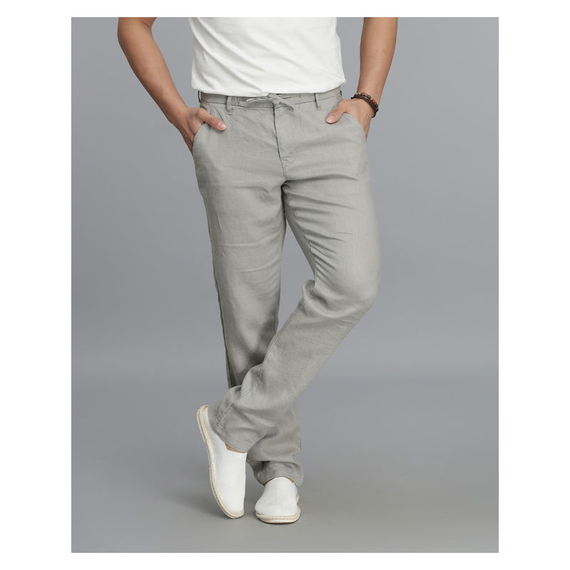 ROOKIES Men Relaxed Fit Pure Linen Grey Chinos (30)