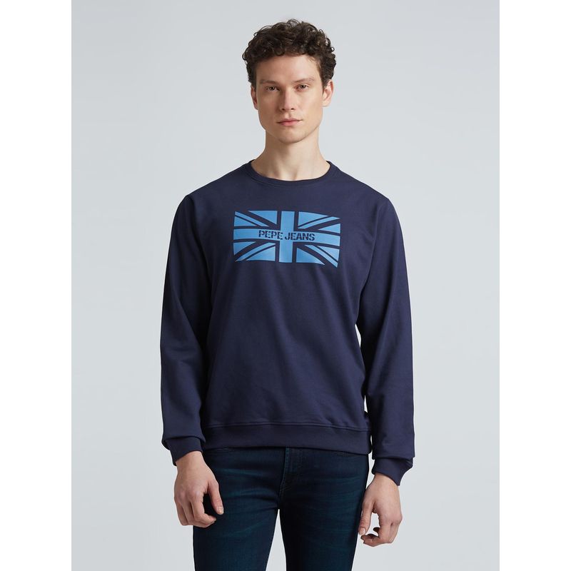 Pepe Jeans Navy Blue Graphic Print Full Sleeve Sweatshirt (XL)