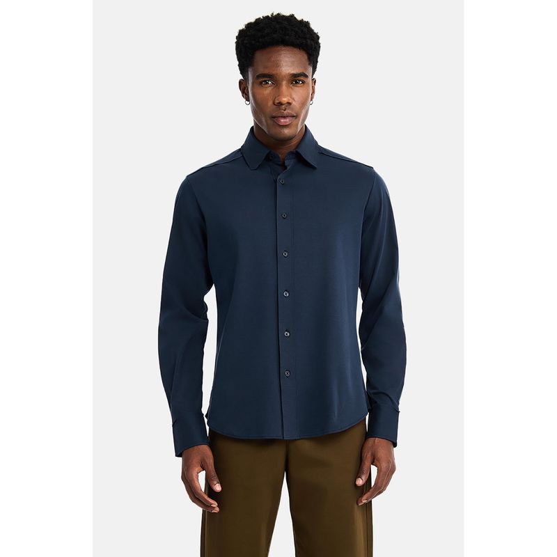Snitch Navy Blue Solid Full Sleeves Slim Casual Luxe Shirt For Men (L)