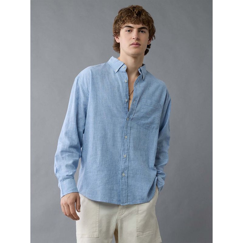 American Eagle Men Blue Ae Everyday Relaxed Fit Linen-Blend Striped Shirt (L)