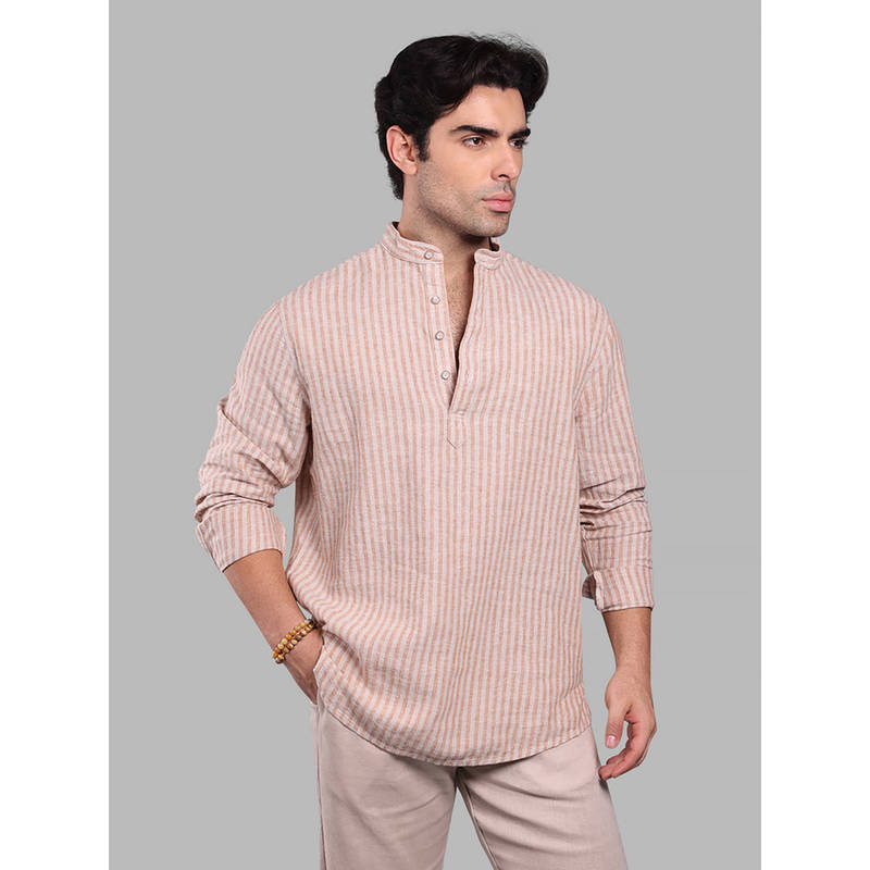 ROOKIES Orange Stripes Linen Blend Regular Short Kurta (XL)