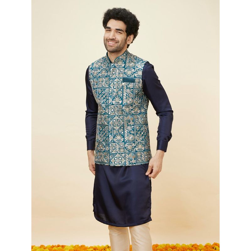 Manyavar Mens Blue Art Silk Jacket (S)