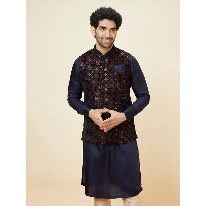 Manyavar Mens Blue Velvet Embroidered Jacket (M)