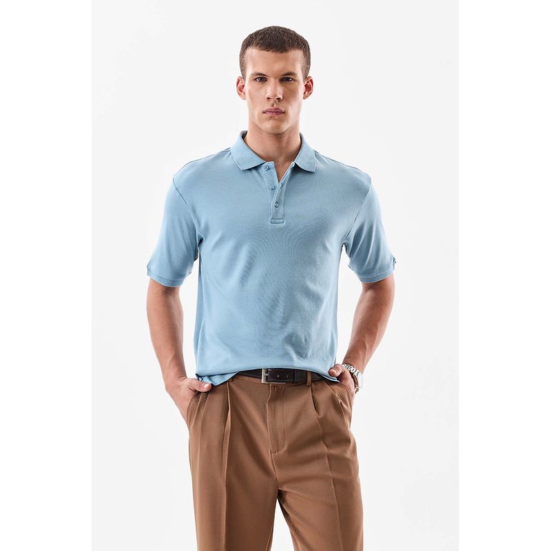 Snitch Light Blue Solid Half Sleeves Regular Casual Polo T-Shirt for Men (XS)