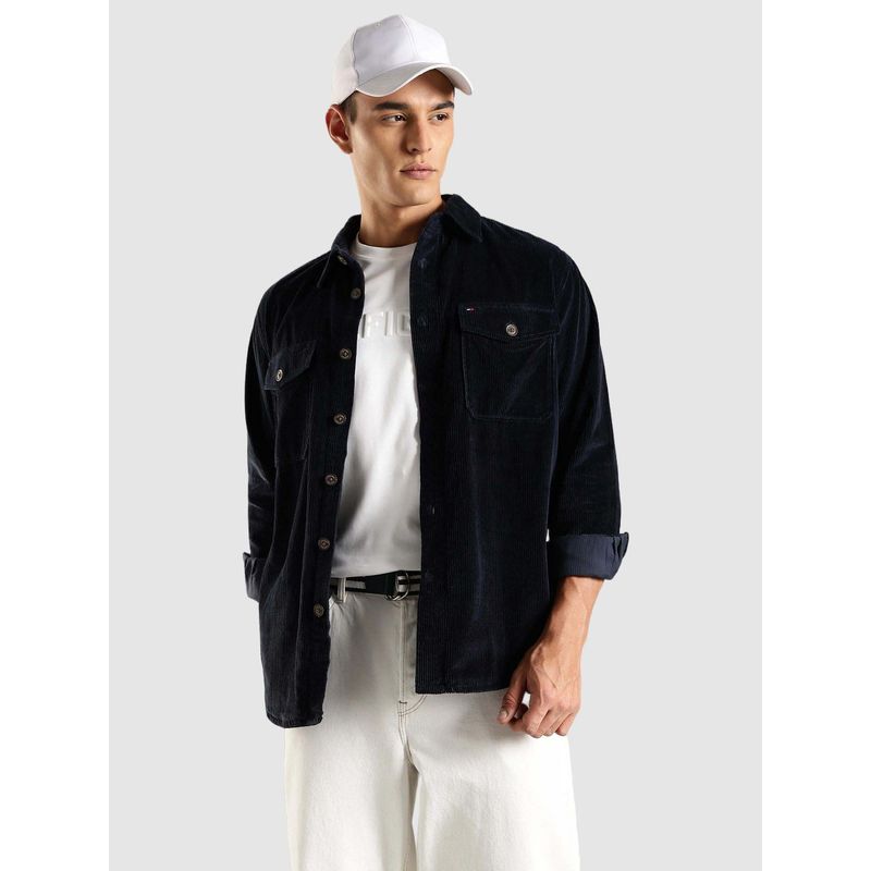 Tommy Hilfiger Textured Relaxed Fit Cotton Shirt - Navy Blue (XS)