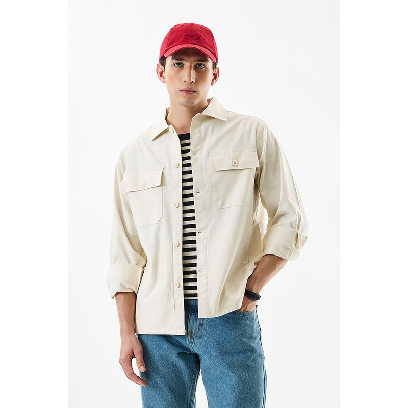 Snitch Cream Solid Full Sleeves Relaxed Casual Overshirt for Men (L)