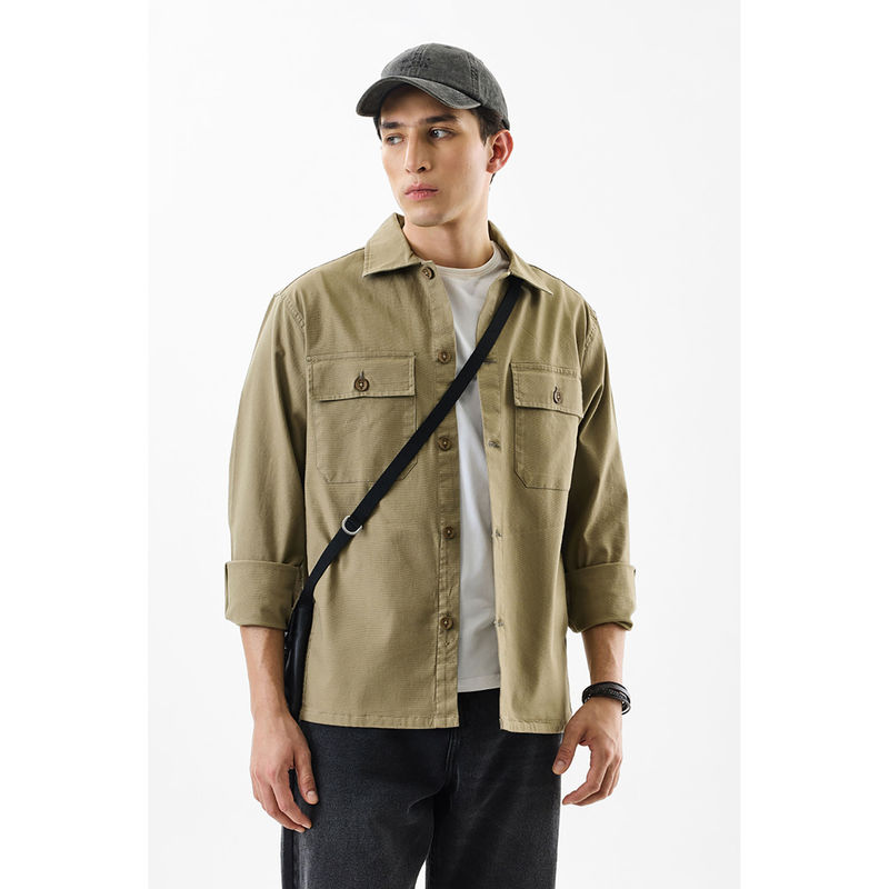Snitch Beige Solid Full Sleeves Relaxed Casual Overshirt for Men (2XL)